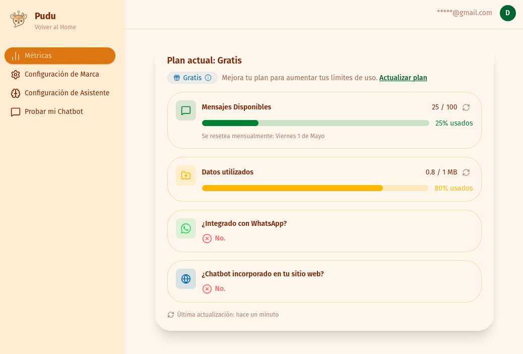 Vista previa del panel de métricas de Pudu